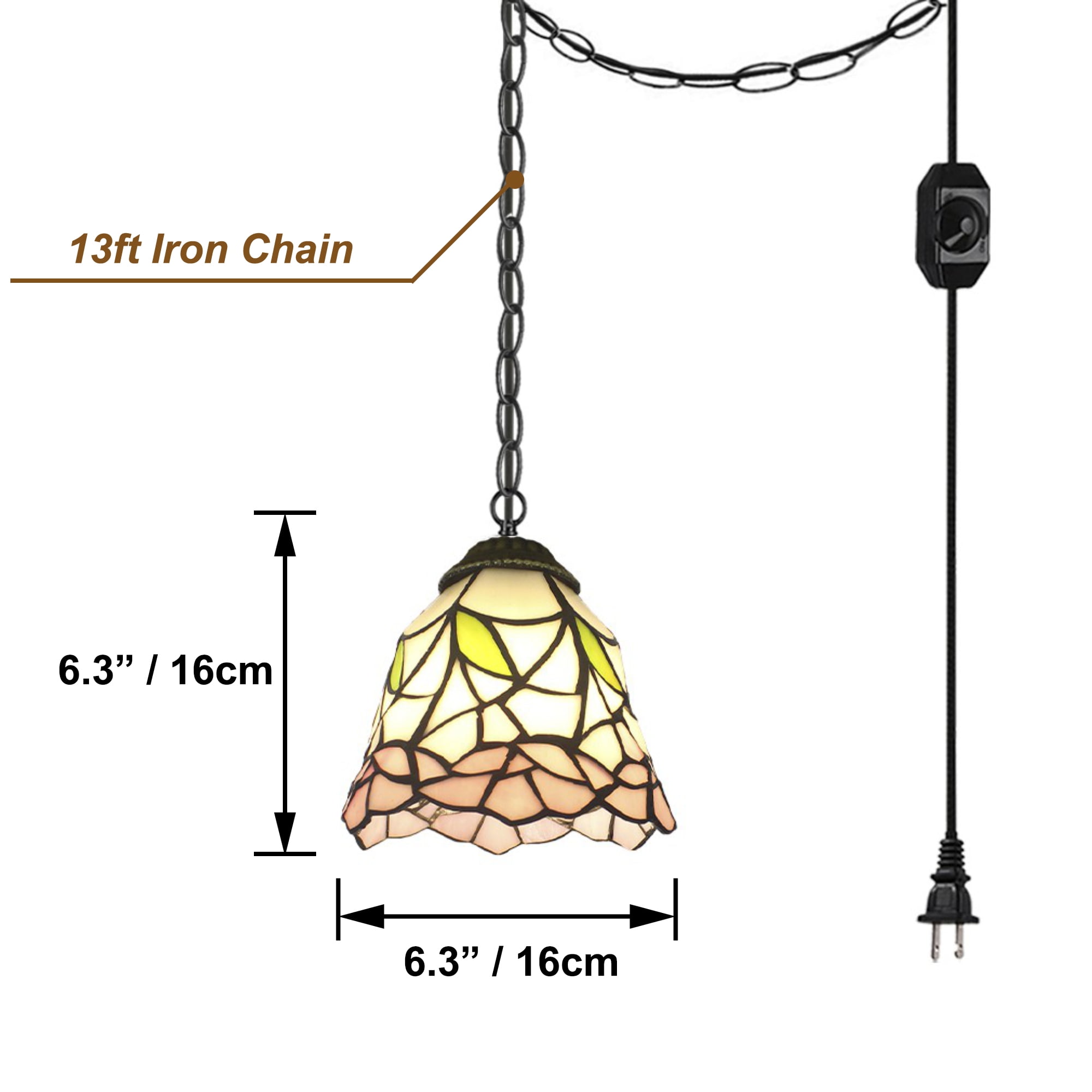 Kiven Plug in Pendant Light,E26 Socket Tiffany Style Hanging Light Fixture with 13ft Iron Chain, Dimmable,1-light