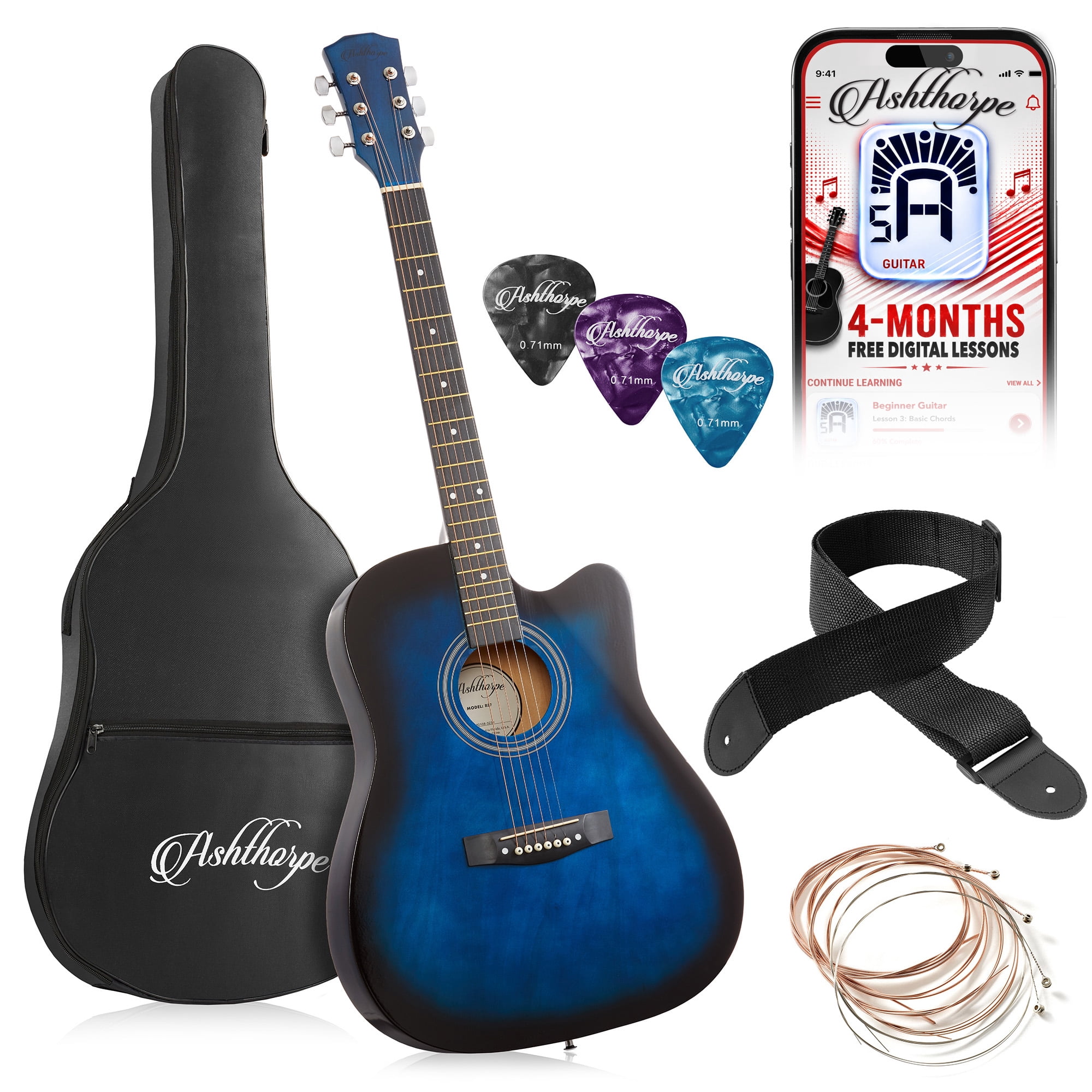 Ashthorpe 41-Inch Beginner Acoustic Guitar Package - Blue, Complete Starter Kit with Gig Bag, Extra Strings, Strap, and Lessons