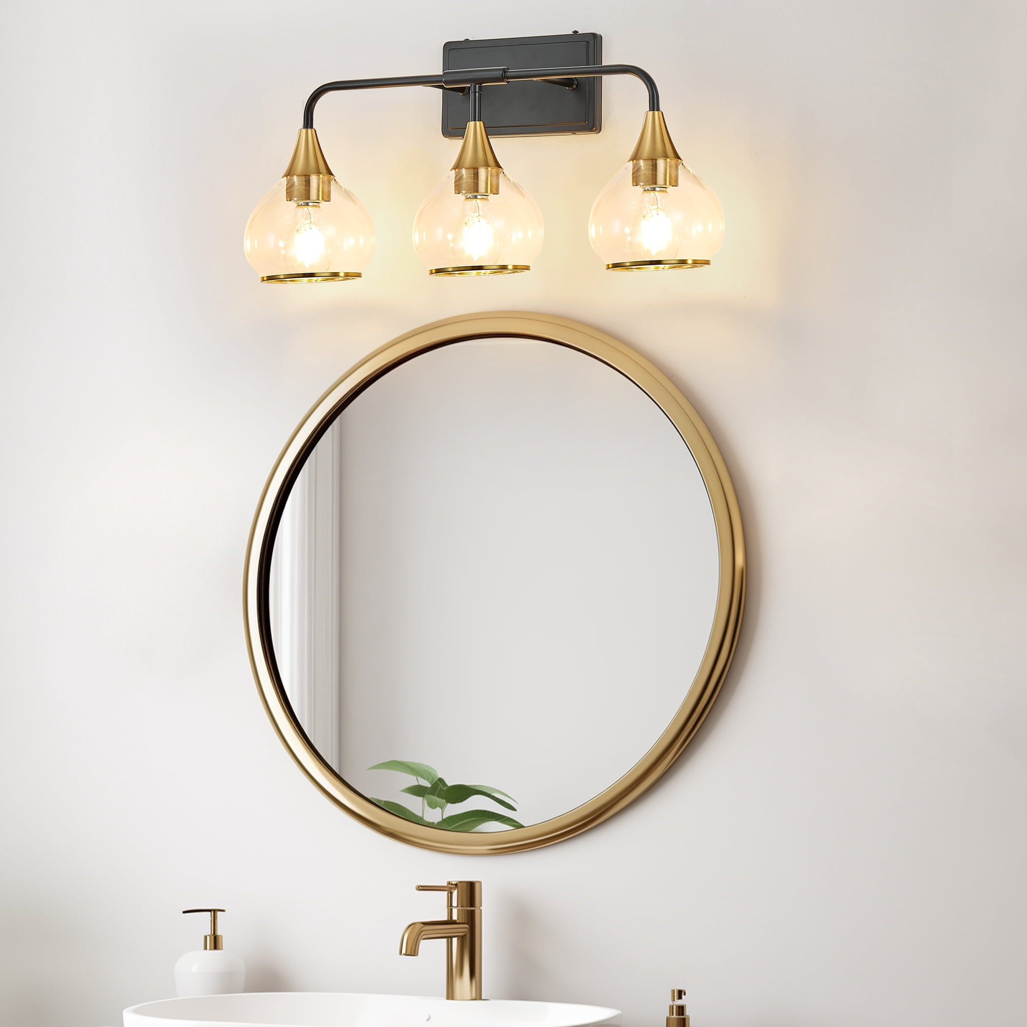 Art Deco 3-Light Vanity Light Fixture,  Bathroom Wall Sconce with Clear Glass Shades, Black and Gold, 23 Inch Modern