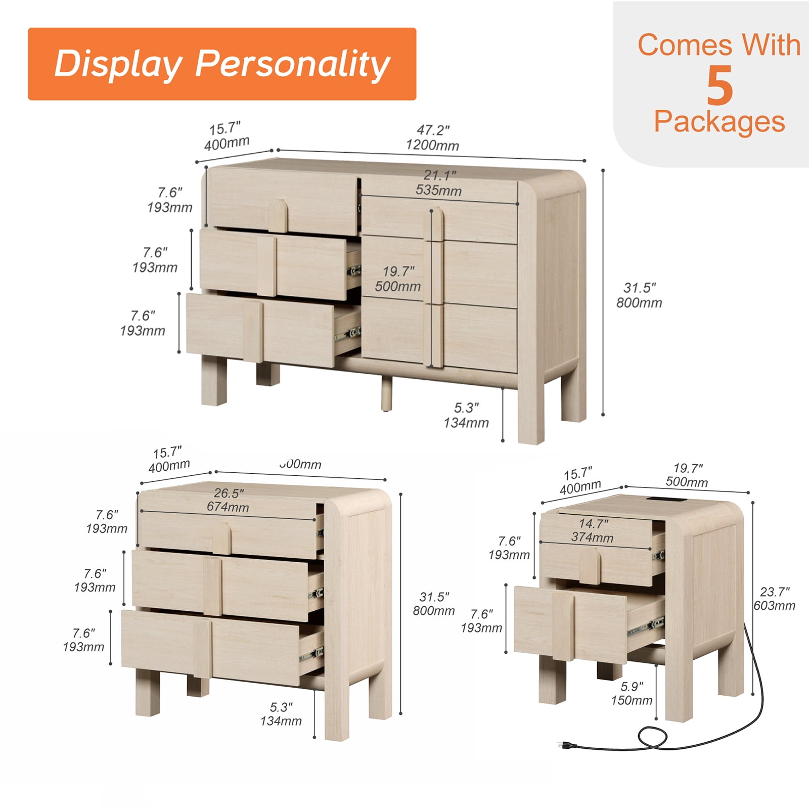 5 Pcs Bedroom Set, Wooden Dresser and Nightstand Sets, Night Stand Set of 2, 12 Drawer Dresser with Curved Profile Design, Mid Century Modern Dresser Set