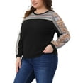 thumbnail image 4 of Agnes Orinda Women's Plus Size Boho Tops Texture Color Block Crew Neck Long Sleeve Casual Waffle Blouse 1X Black, 4 of 5