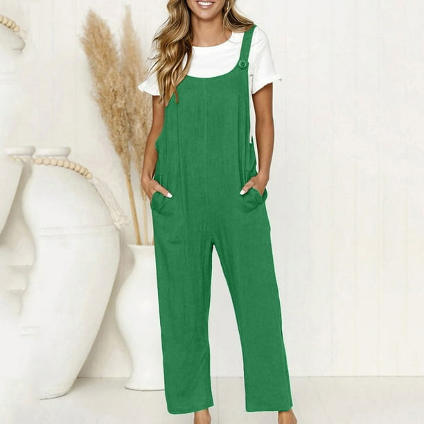 ICHUANYI Clearance Women's Casual Loose Baggy Pocket Jumpsuit Fashion Playsuit Trousers Overalls Cotton And Linen Jumpsuit(Green, XXL) ICHUANYI WER2023080912805