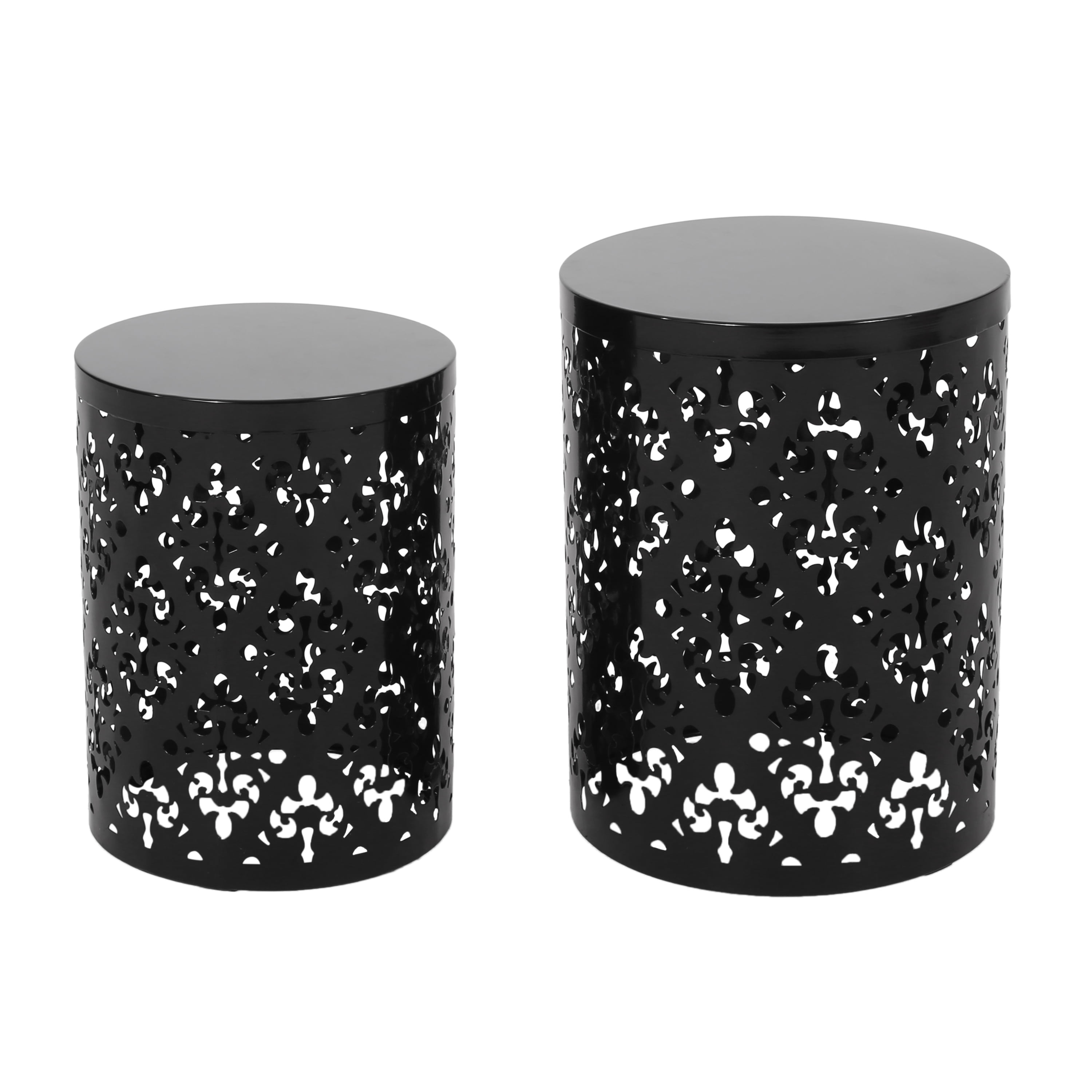 Outdoor Nesting Side Table Set of 2, Cylindrical Floral Pattern Structure for Patio Garden, Black