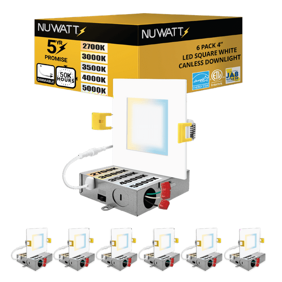 NuWatt 4 in. Slim Canless Square LED Recessed Light 5CCT 27K-50K Dimmable IC Rated 550LM CRI90 6PK