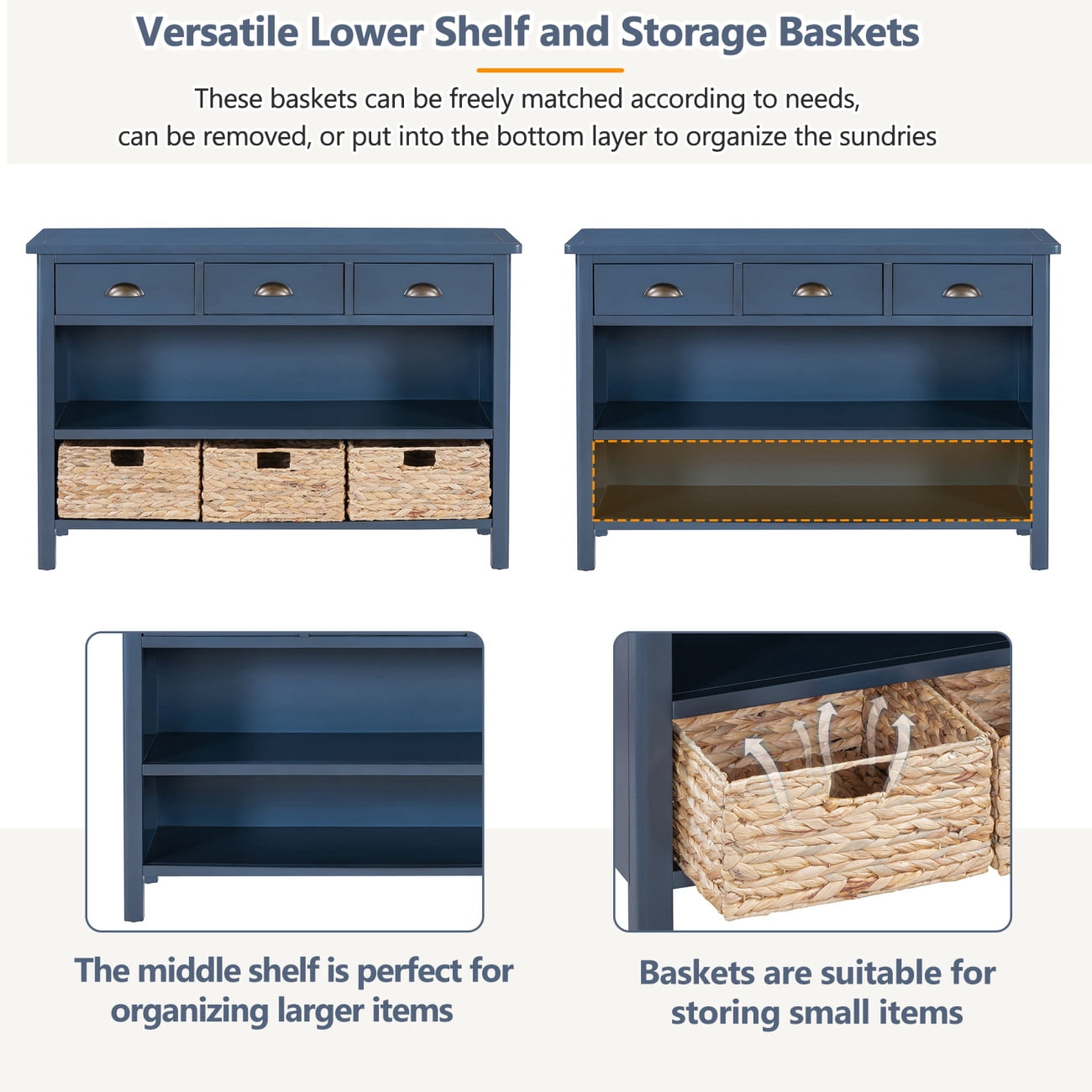 47" Retro Console Table with 3 Storage Drawers, Entryway Table with 3 Water Hyacinth Woven Baskets and Shelf, Wooden Buffet Cabinet for Entryway Hallway Living Room, Navy