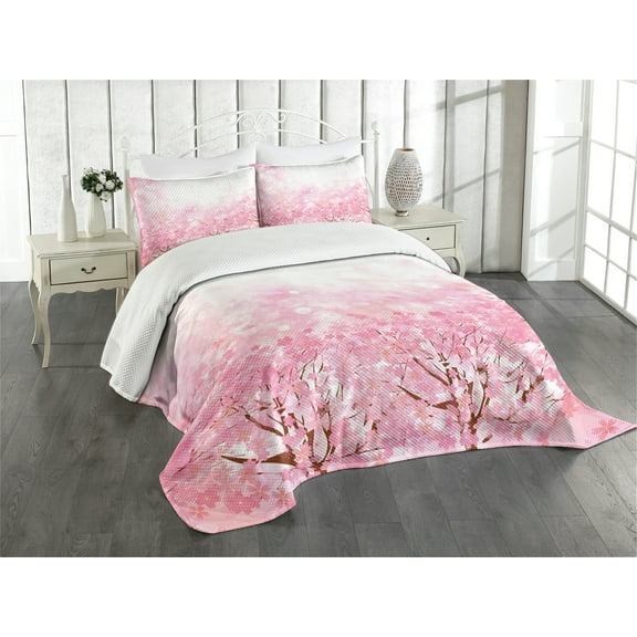 Ambesonne Pale Pink Quilted Bedspread Set 3 Pcs, Romatic Sakura Tree, Queen Size, Pale Pink
