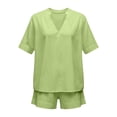 thumbnail image 4 of FINALGANG Womens Solid Color Two Piece Outfit V Neck Notch Collar Short Sleeve Top Elastic Waist Shorts Casual Matching Set For Summer Daily Wear Trendy Set, 4 of 4