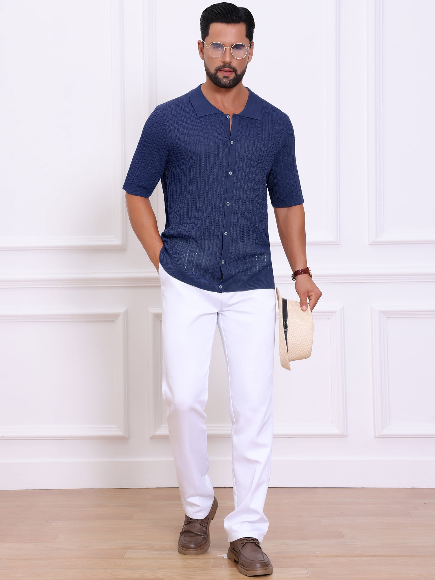 DARING DIVA Men's Striped Summer Short Sleeve Knitted See Through Shirts S Dark Blue
