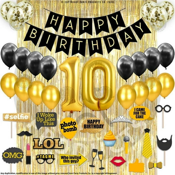 10th Birthday Decoration Black and Gold for Boy & Girl, 10th Cake Topper, 10th Party Supplies for Her and Him, 10th Birthday Photo Props