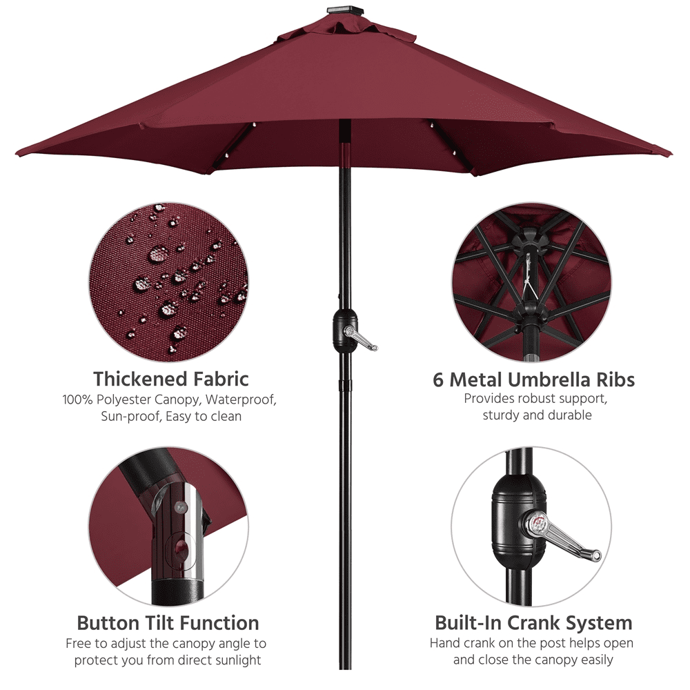 Renwick 7.5FT Patio Umbrella with Base Stand and LED Solar Lights, Burgundy