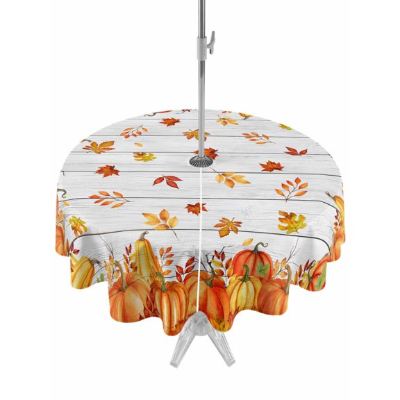 Outdoor Tablecloth with Umbrella Hole and Zipper, Orange Fall Round Table Cloth 54 Inch Waterproof Tablecloth, Vintage Maple Leaf Pumpkins Thanksgiving Picnic Table Cover for Patio Camping