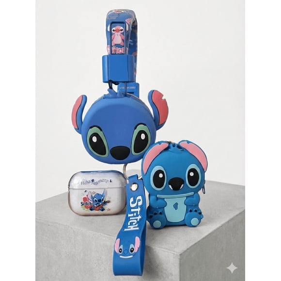 SET KIDS 3EN1 AUDÍFONOS DE DIADEMA E INALÁMBRICOS CON MONEDERO DISEÑO STITCH