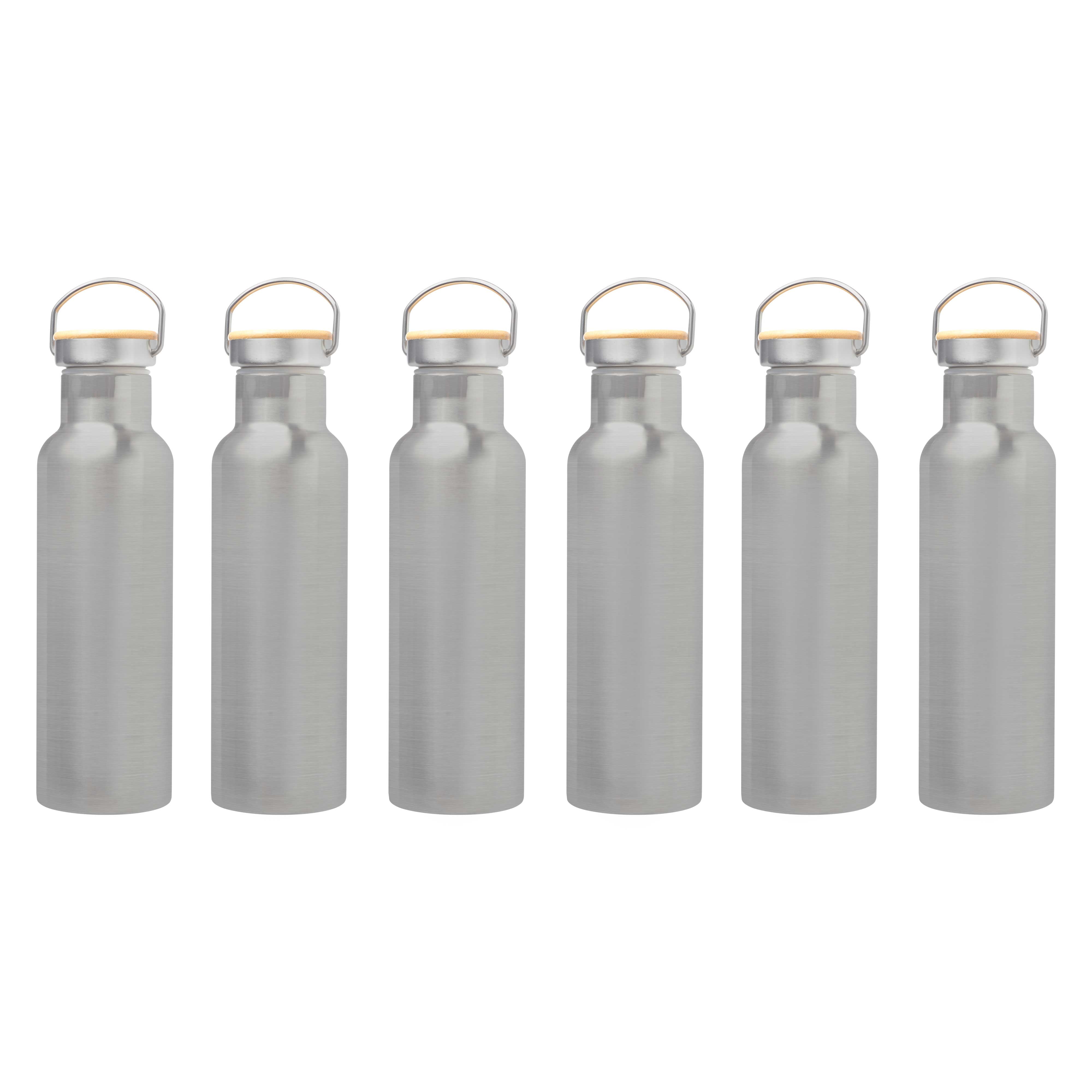 6 Wood Top Stainless Steel Water Bottles Set, 20 oz. Spill Proof