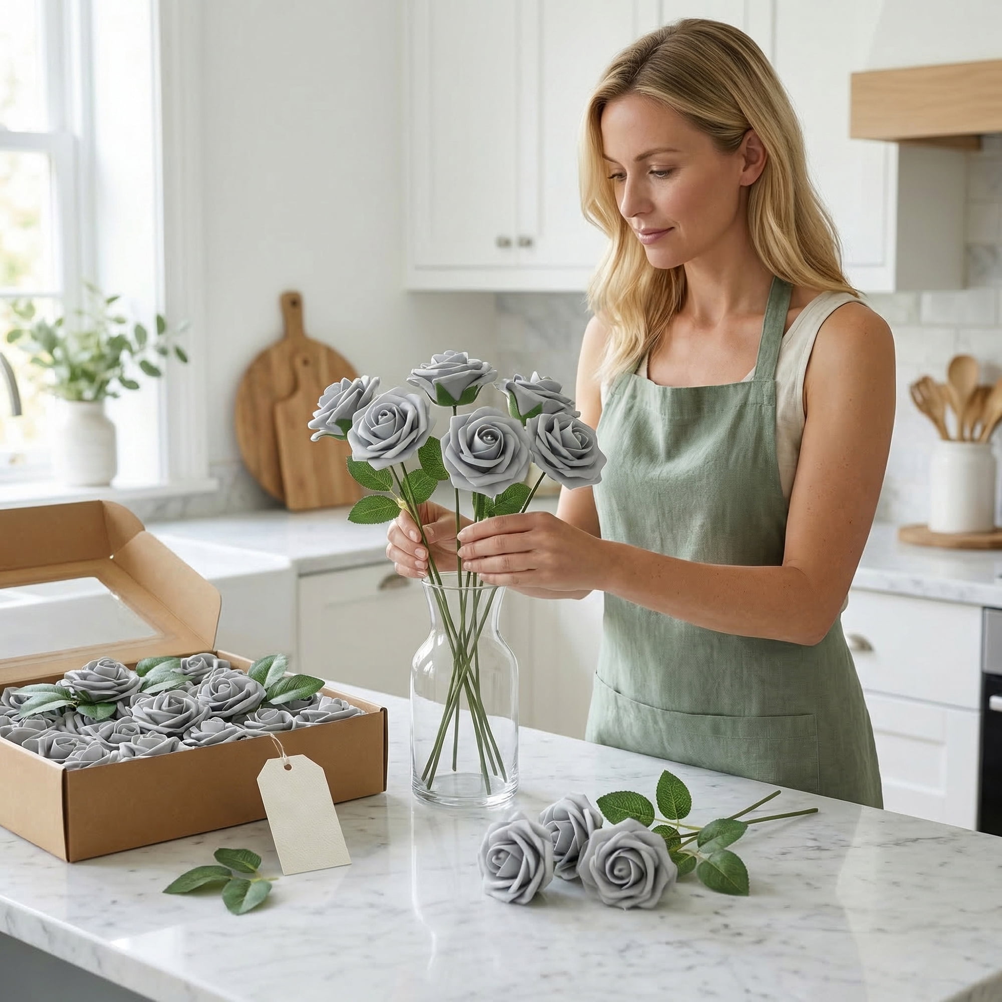 Unique Bargains Artificial Detachable Rose Silk Flower Grey 7.1"