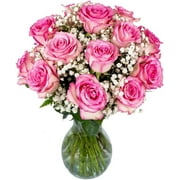 Arabella Bouquets Fresh Cut 18 Pink Roses with Baby's Breath in Vase