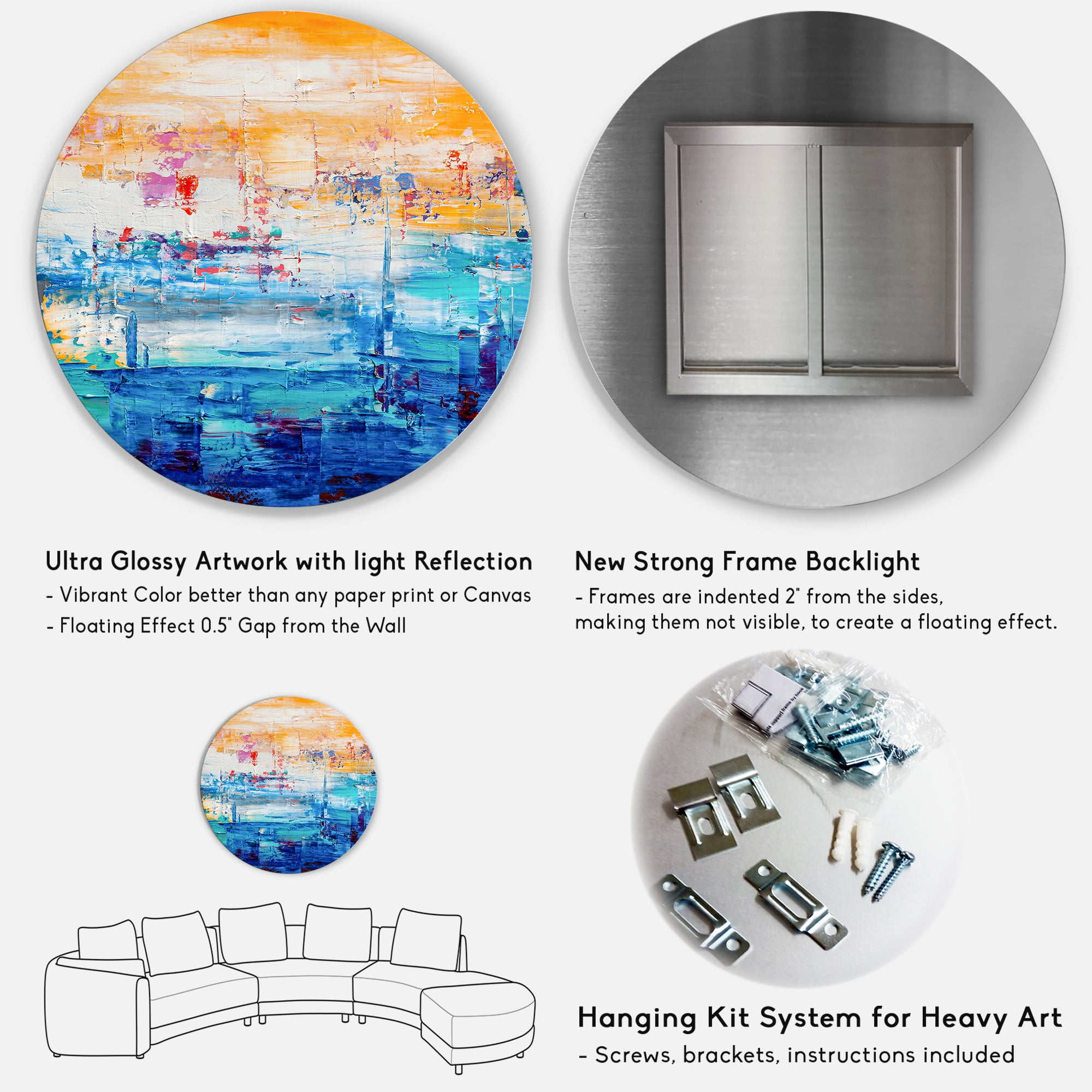 Designart 'Blue Meet Orange Abstract' Modern Circle Metal Wall Art 36x36 - Disc of 36