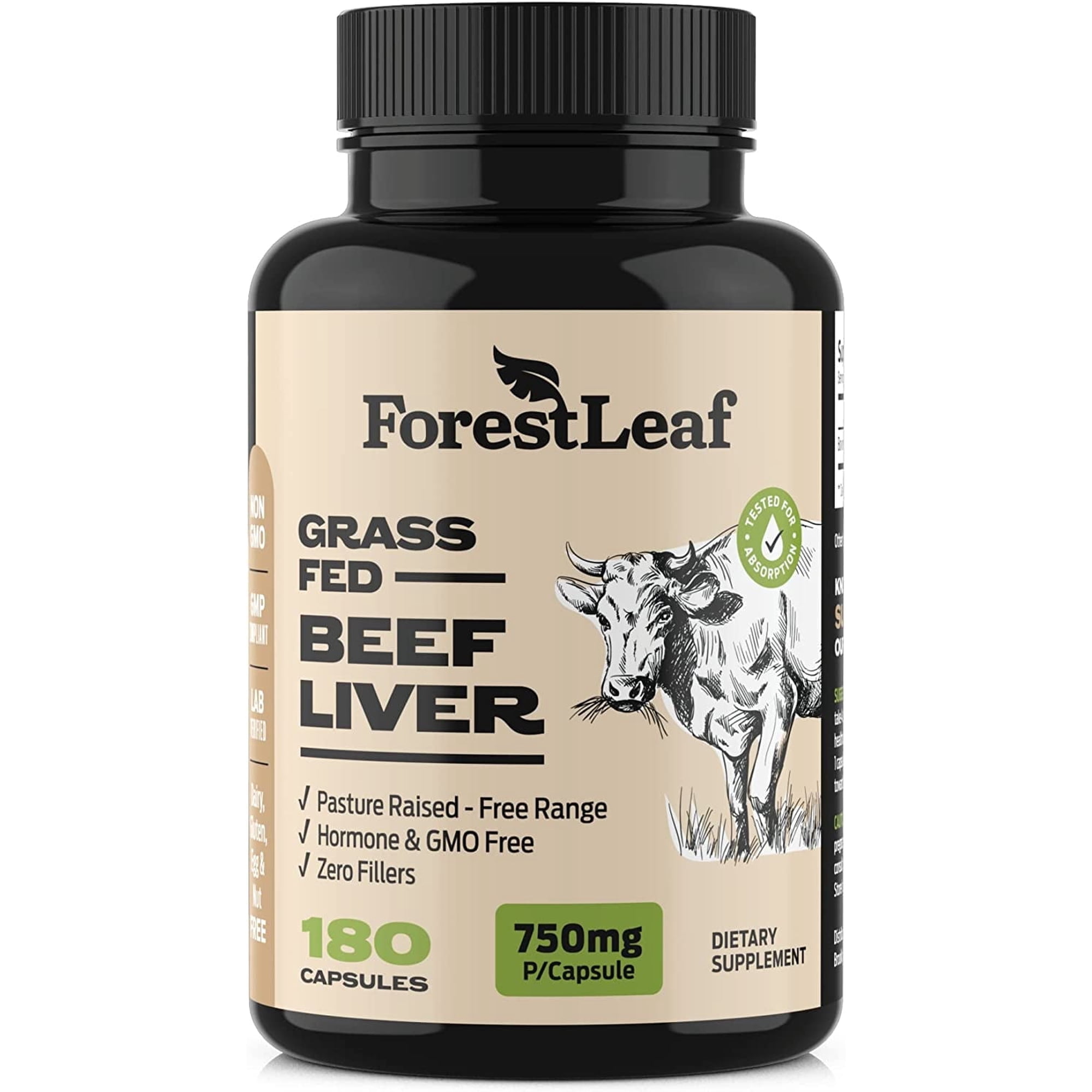 Forest Leaf Grass Fed Beef Liver Capsules, 180 ct. Vitamin A and B12, Supports Immunity & Body Wellness, Cleansing, Digestion, Natural Iron