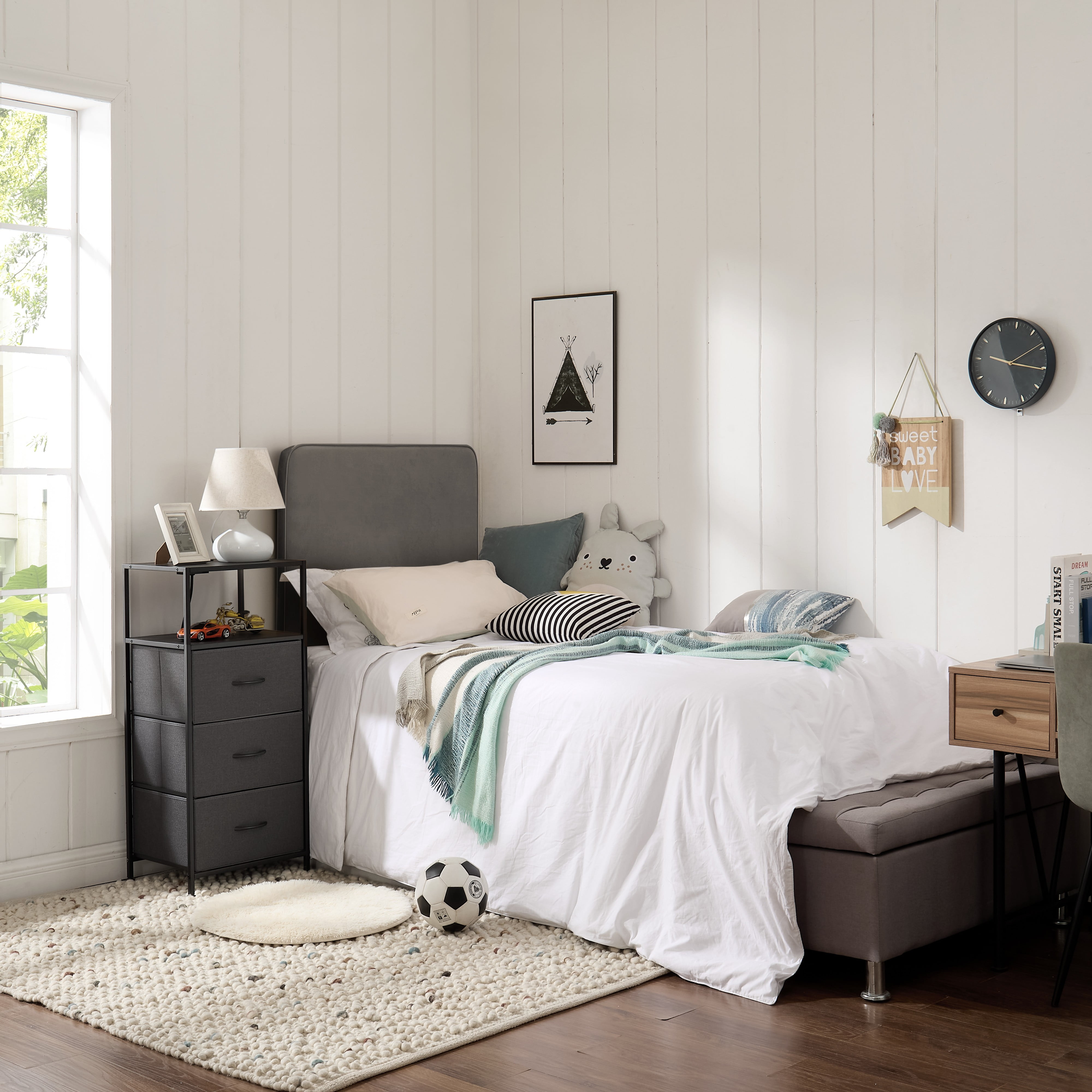 (2 pack) Mainstays 3 Drawer Fabric Nightstand with USB, Grey