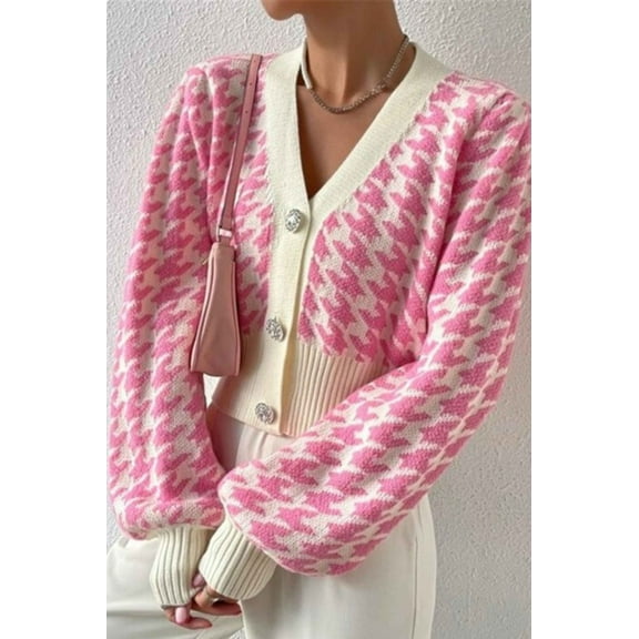 Houndstooth Button Down Knitted Cardigan Sweater (XL, Black)