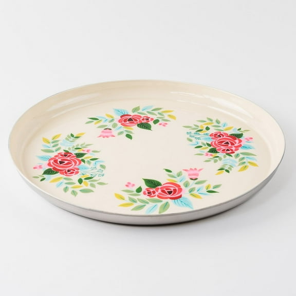 Hand Painted Floral Round Metal Tray Stainless