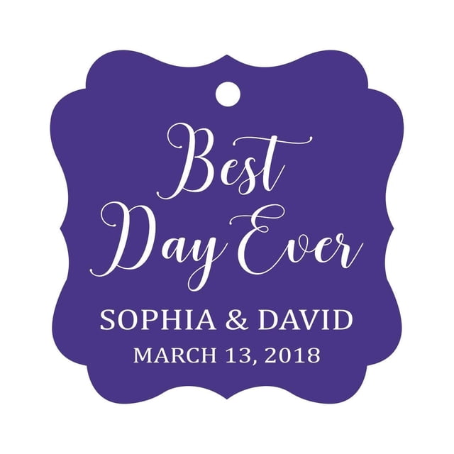 Darling Souvenir Personalized Fancy Frame Wedding Gift Tags 'Best Day Ever' Custom Name & Date Favor Hang Tags-Purple Violet-50 Tags