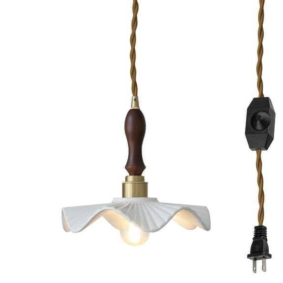 Kiven Plug in Pendant Light, Vintage Hanging Light with Ceramic Lampshade and 15FT Plug in Cord, Dimmable Ceiling Pendant LightE26 Base