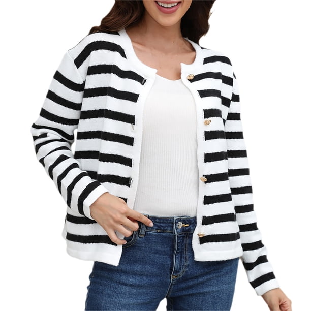Gibobby Cárdigan para dama Suéter de punto a rayas arcoíris para mujer chaqueta delgada abrigo casual suelto(Blanco,G)