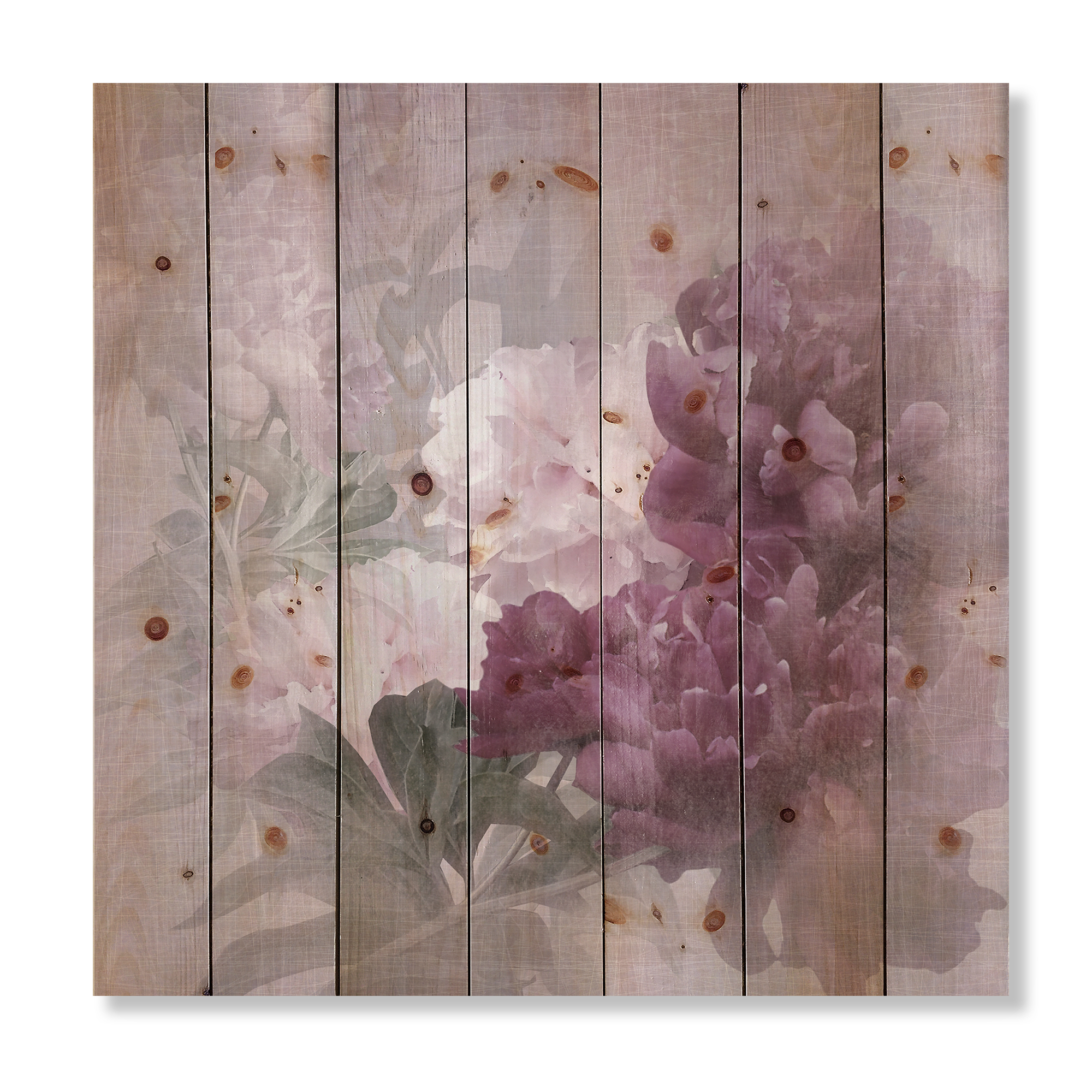 Designart 'Ancient Pink and Purple Flowers II' Traditional Print on Natural Pine Wood