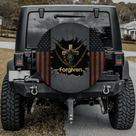 Lotusprinthandmade Christian Jesus Cross Forgiven America Spare Tire Cover With Backup Camera Hole 6 Sizes (27 in.)