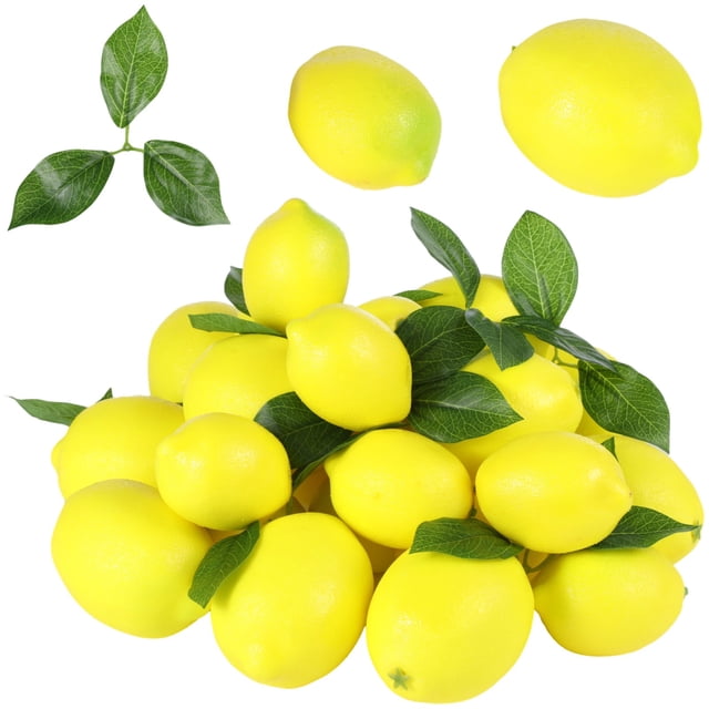 48 limones amarillos artificiales con hojas, 2 tamaños de limones amarillos falsos, limones de espuma dura de imitación, decoración de limón para centro de mesa de fiesta con temática de verano, acces
