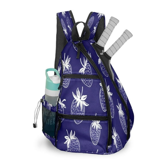 Pickleball Bags for Men Women Pickleball Backpack with Large Capacity Lightweight Adjustable Pickleball Sling Bag Hold Paddles, Balls, Accessories Purple Strawberry Pattern