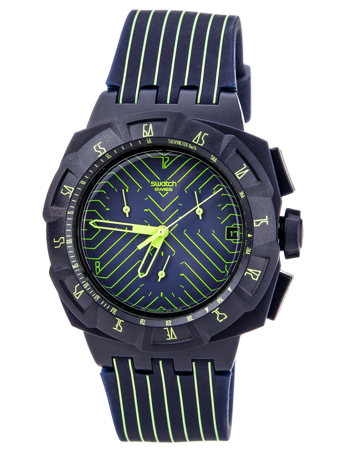 Swatch SUIN401 Men s Fast Run Blue Dial Green Accent Blue Silicon Rubber Strap Chronograph Watch