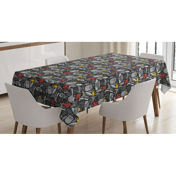 Modern Tablecloth, Owl Crown and Books Vermilion Boots Feather Teacup Modern Doodle Pattern, Rectangle Satin Table Cover for Dining Room and Kitchen, 60" X 84", Charcoal Grey Yellow, by Ambesonne