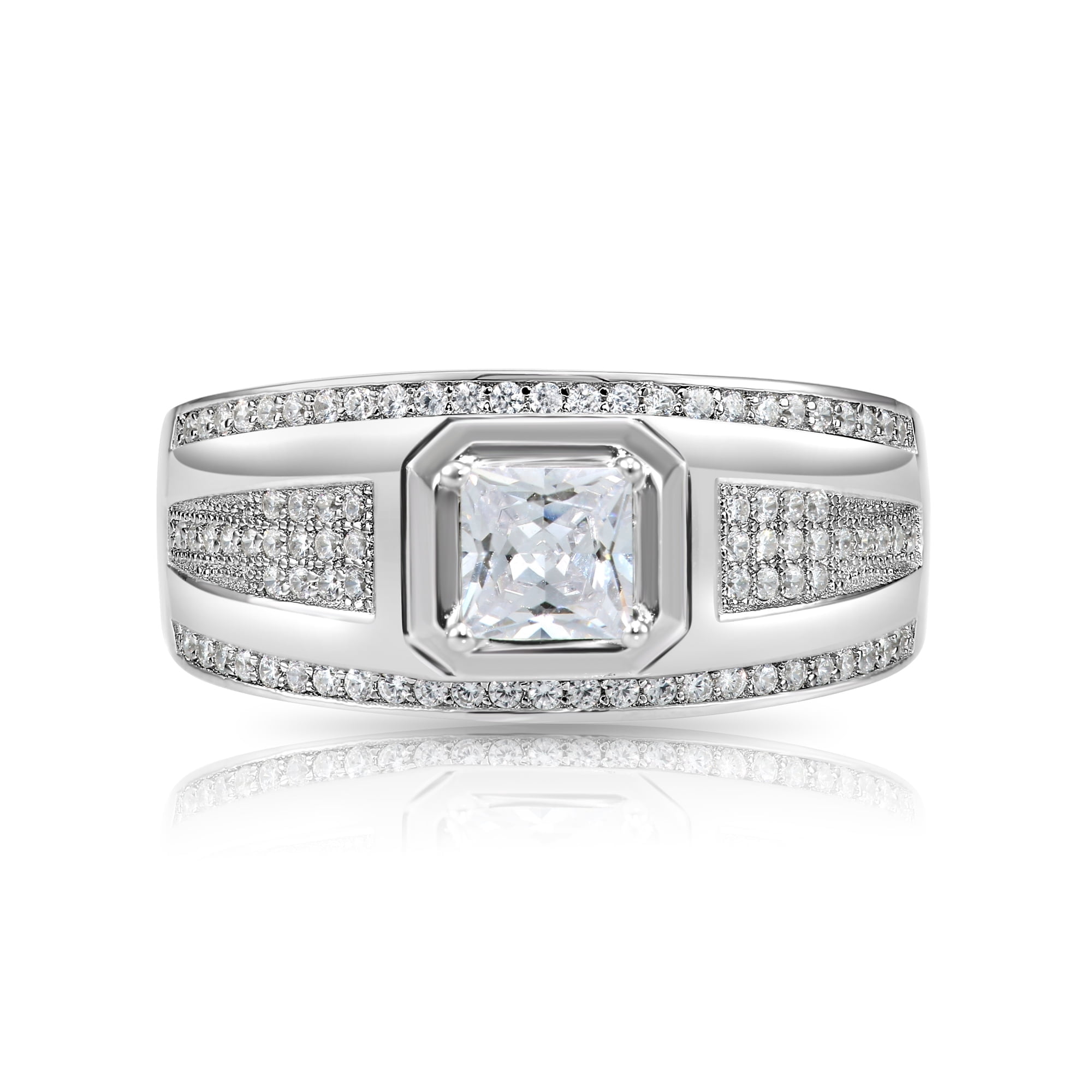 Tilo Jewelry Solid 925 Sterling Silver Solitaire Princess-Cut Square Pave Band, Statement Pinky Ring | Size 9 | Classic Engagement, Wedding Ring for Men