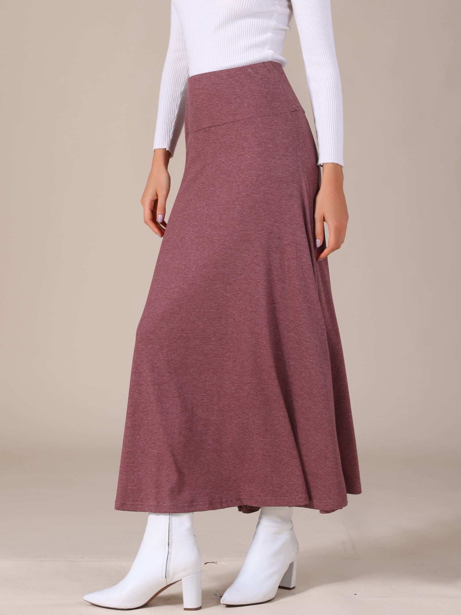 DARING DIVA Women's Foldable High Waist Flowy Flare Maxi Skirts M Burgundy