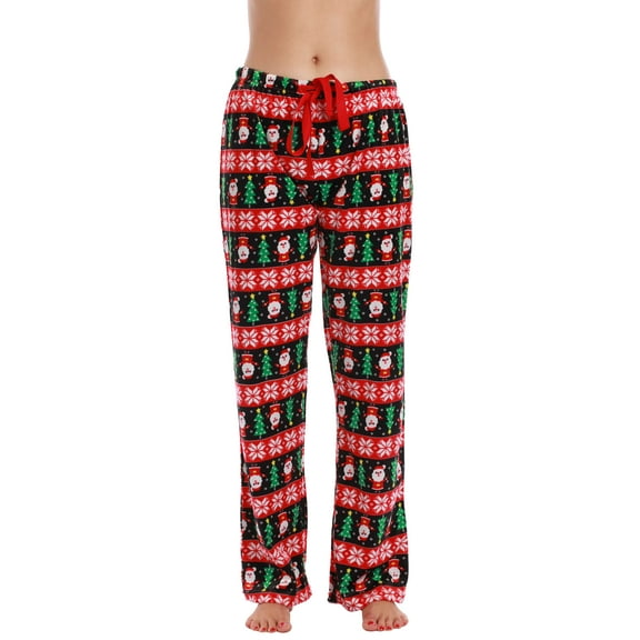 #followme Silky Fleece Buffalo Plaid Pajama Pants for Women (Santa Snowflake, Small)