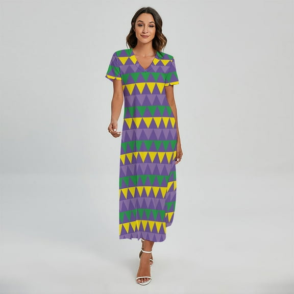 Geometric Mardi Gras Pattern Printed Short Sleeve Maxi Dress, Mardi Gras Fashion Summer Maxi Dress For Women