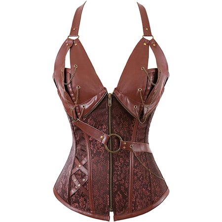 

QWZNDZGR Steampunk Corset Tops for Women Leather Corset Plus Size Steel Boned Corset Overbust Corset Zipper