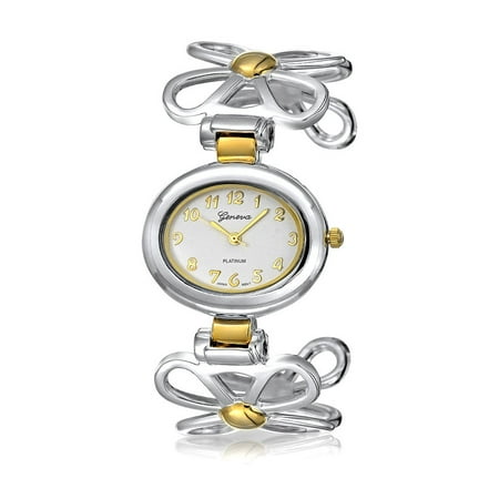 Gold Tone Silver Wrist Watch Two Tone Open Daisy Flower Band White Oval Dial Cuff Wrist Watch For Women Gold Plated Silver Tone Metal Analog Quartz ()