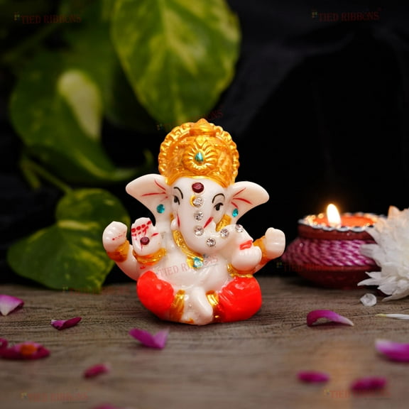 Tied Ribbons Ganesh Statue Sculpture for Car Dashboard Home Temple Decor | 2"x 2.3" | Resin