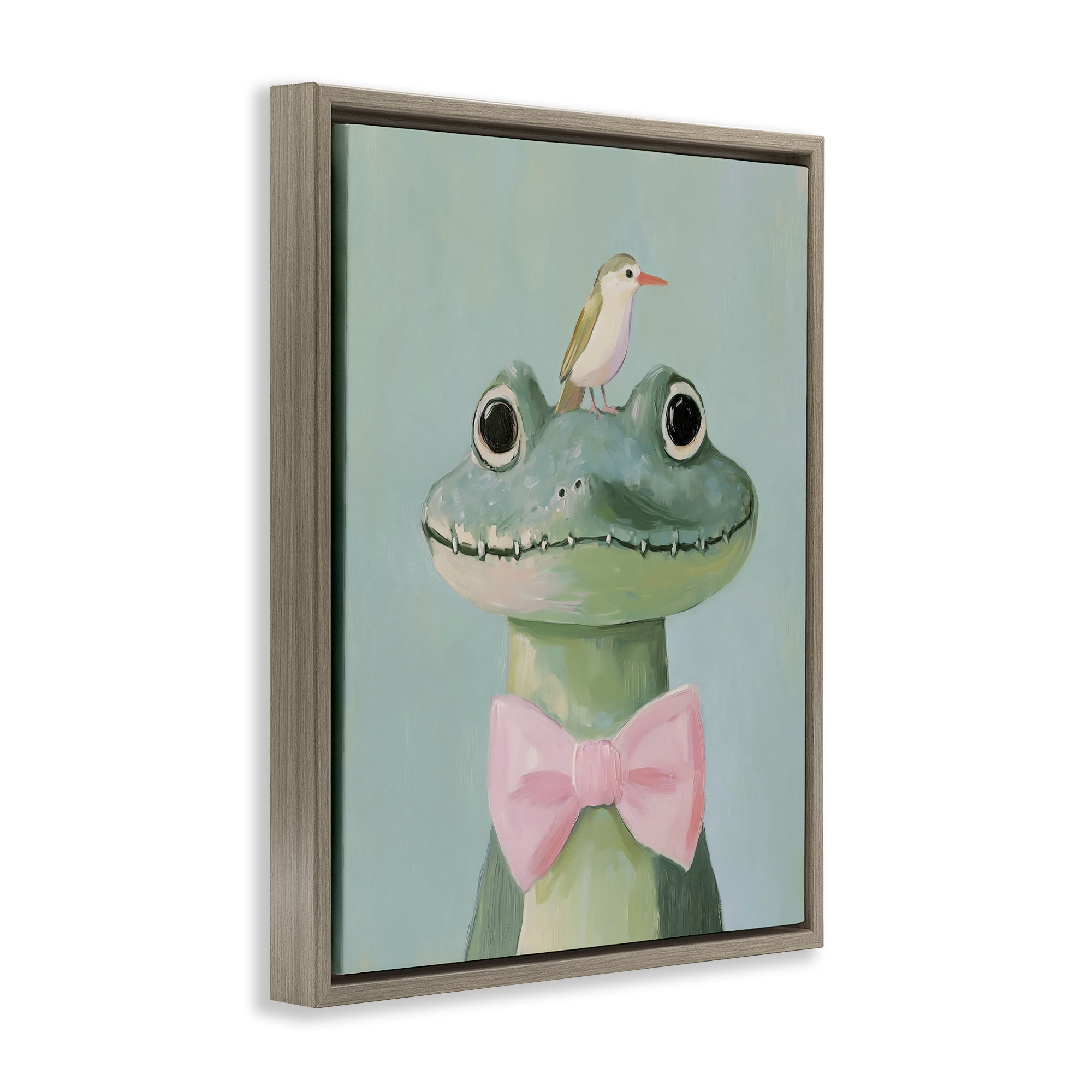 Stupell Industries Crocodile & Bird with Bowtie Brown Framed Floater Canvas Wall Art, design by The Prints Vibe