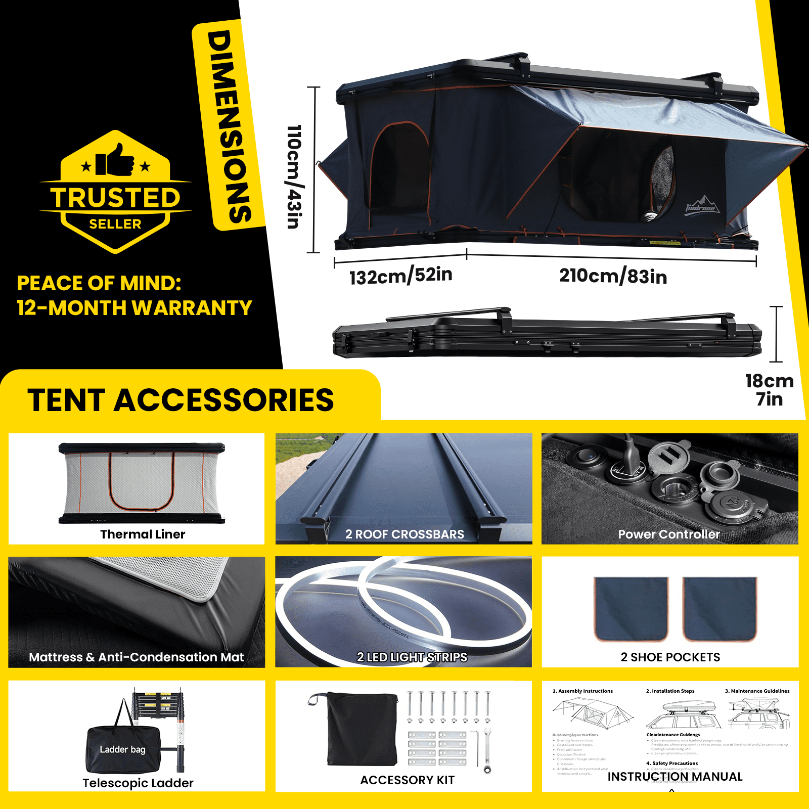 Jiadrooe Hard Shell Roof Top Tent with Adjustable Crossbars, 4-Season Waterproof Pop-up Tent with Detachable Thermal Insulation Liner, Anti-Condensation Mat & USB Power Hub for Trucks, SUVs, Vans