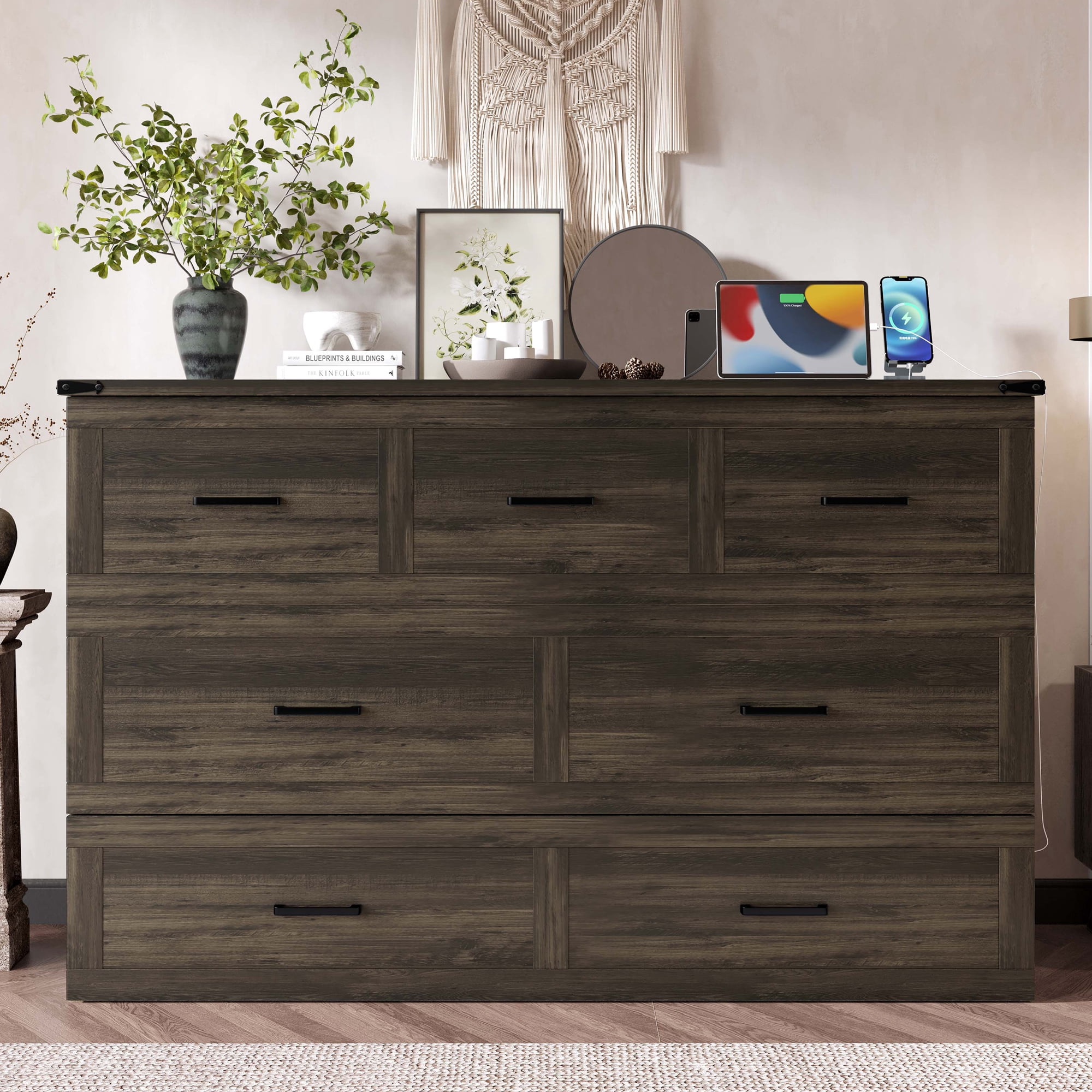 Mintazer Queen Murphy Cabinet Bed with Charging Station & Large Storage Drawer, MultiFunctional Foldable Platform Bed for Guest Room Bedroom, Brown