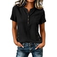 thumbnail image 2 of Ayolanni Short Sleeve Shirts for Women Solid V-Neck Button Down 100% Cotton Blouse Henley Loose Workout Shirts Women's Tops, Tees & Blouses Black L, 2 of 5