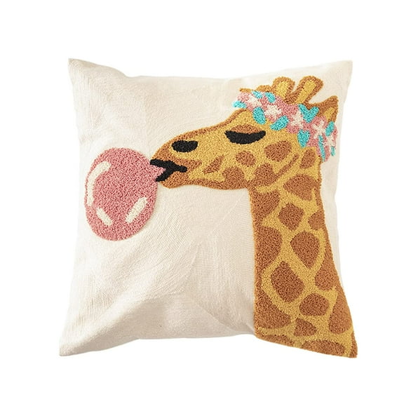 Fennco Styles Embroidered Giraffe Decorative Cotton Throw Pillow Cover 17" W x 17" L - Colorful Animal Cushion Case for Home, Kids Room, Playroom, Bedroom, Living Room, Nursery, Office Décor