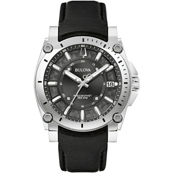 Bulova 96B416 Men's Icon Grey Dial Black Leather Strap Date Watch