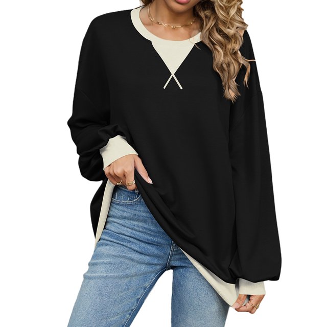 Womens Long Sleeve T Shirts Casual Crew Neck Color Block Tunic Tops Loose Basic Top