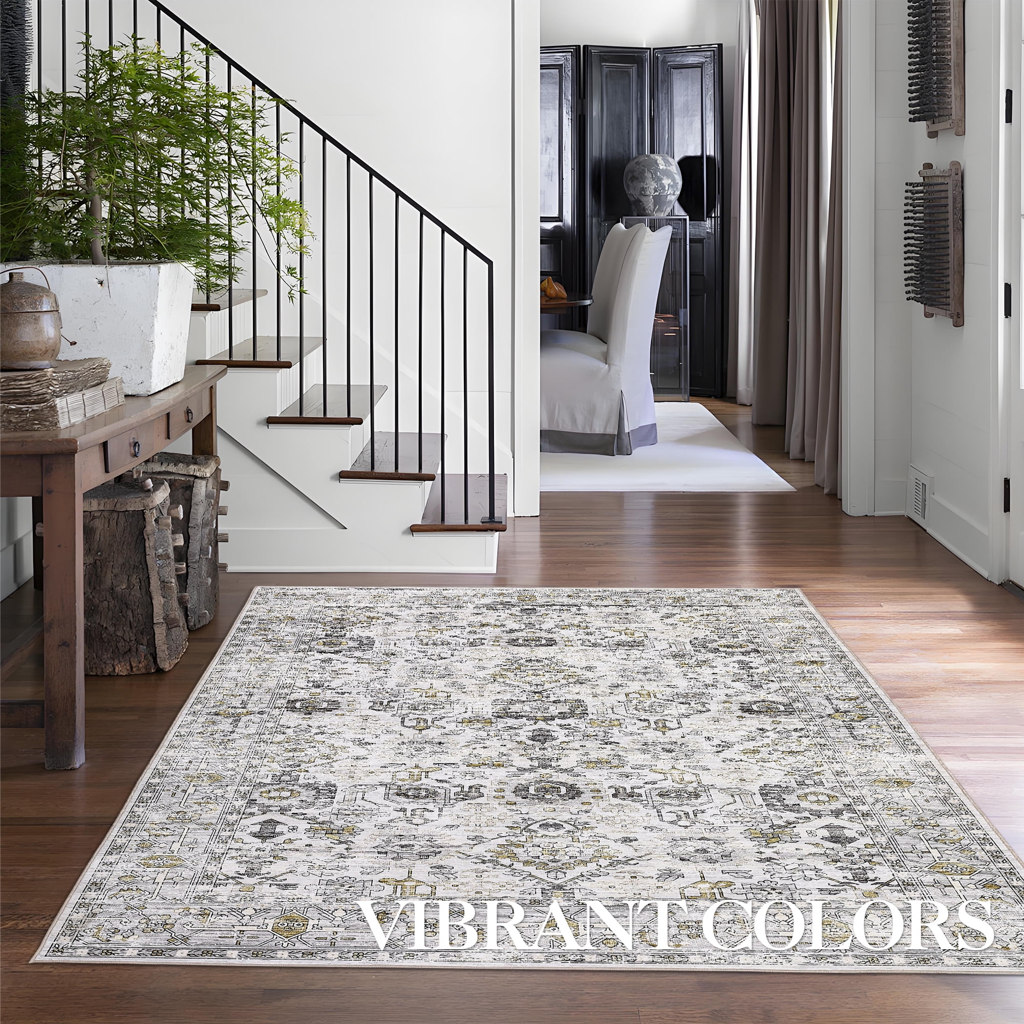 FairOnly 9'x12' Grey Boho Floral Area Rugs for Living Room Low Pile Non Shedding Rugs for Family Room Nursery Carpet