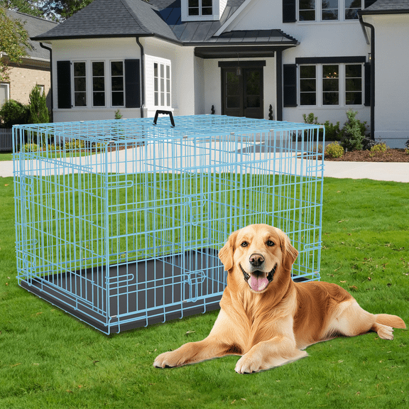 Dkelincs 48 inch Large Dog Crate Portable Foldable Dog Cage with 2 Doors, Handle, Plastic Tray, XXL Dog Kennel for Medium Large Puppy, Blue