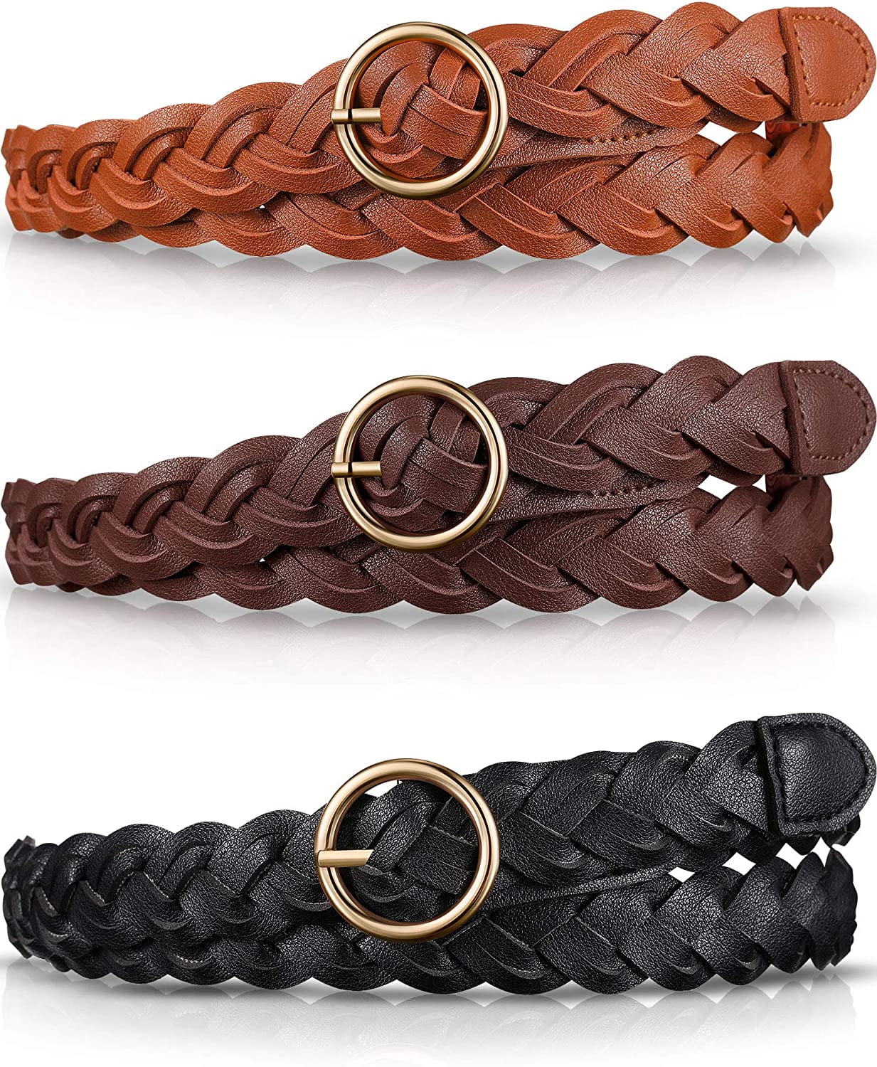 TECH 3 Pieces Women's Braided Leather Belt Skinny Woven Braided Belt ORing Buckle Leather Belt